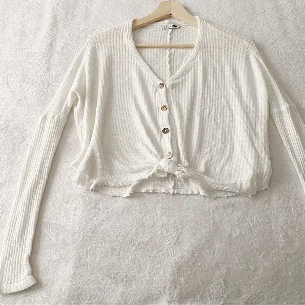 Fashion Nova White Cropped Tied Waist Button Down Waffle Top